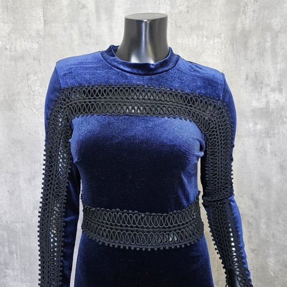 Free Generation LA Womens M Blue Velvet & Black Peekaboo L/S Mockneck Mini Dress - Picture 2 of 9